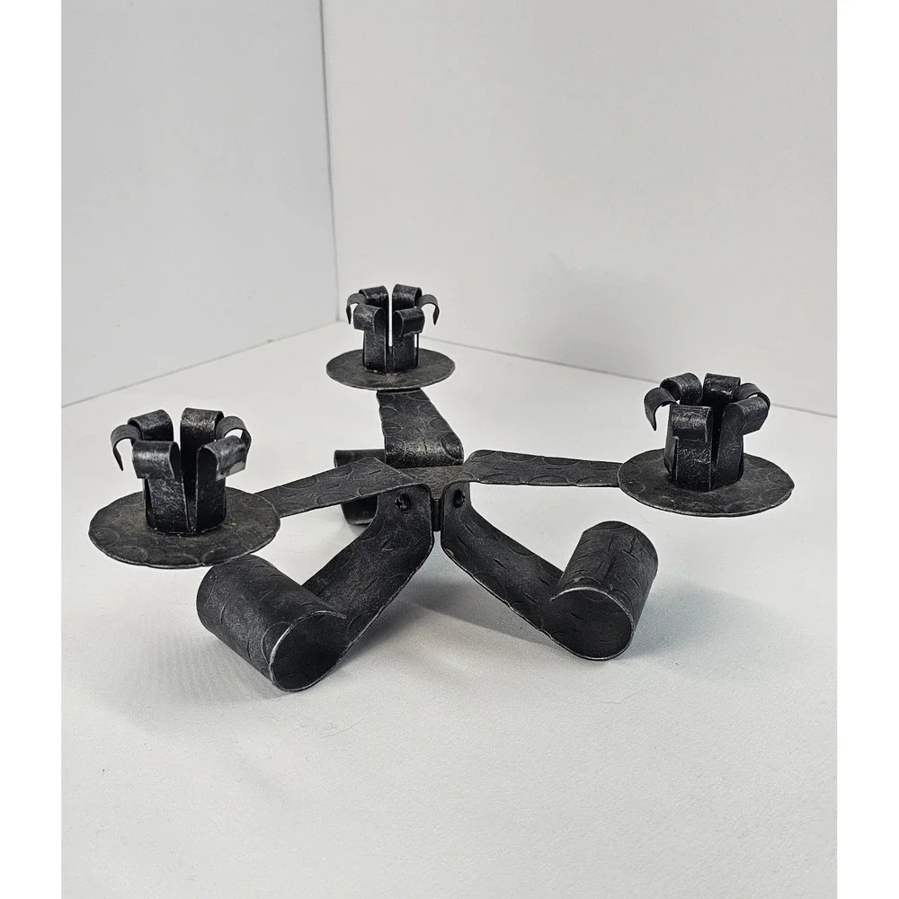 Vintage Hammered Wrought Iron 3‎ Arm Candle Holder Rustic Black Metal Candelabra